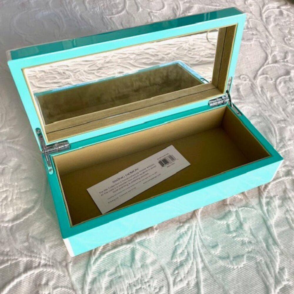 Swing Design Tiffany Blue White Lacquer Desk Stationary Jewelry Box with Mirror